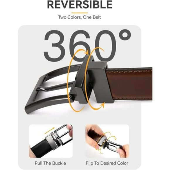 Mens Reversible Leather Belt Black Brown Adjustable Dress Belt for Pants Casual - Picture 4 of 7